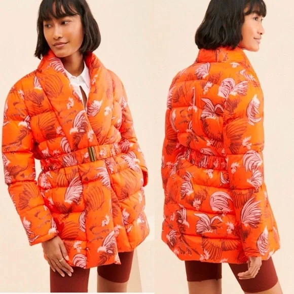 Rachel Antonoff Midi-Length Toni Puffer Jacket Orange Roaster Print - Picture 2 of 16